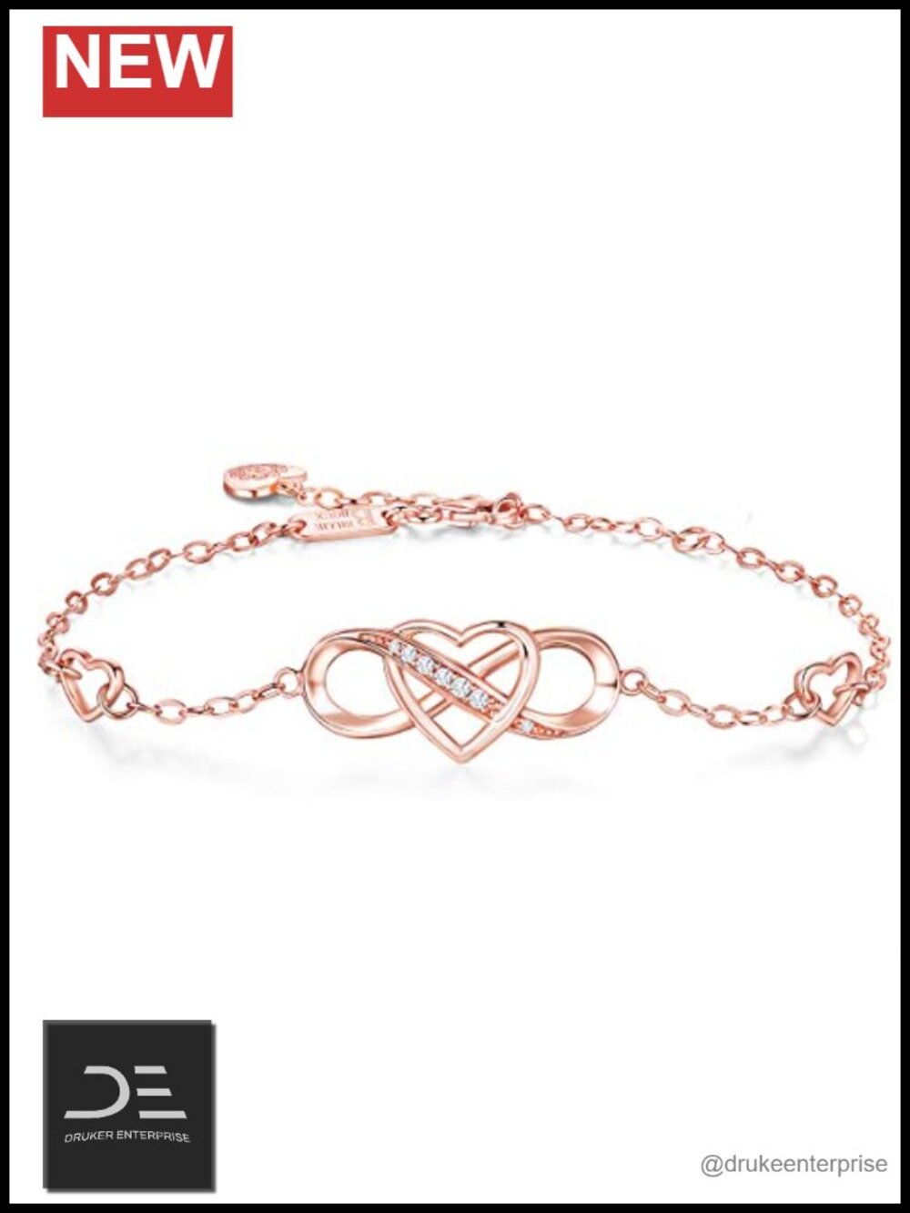 925 Sterling Silver Infinity Heart Bracelet White Gold Plated CZ Adjustable